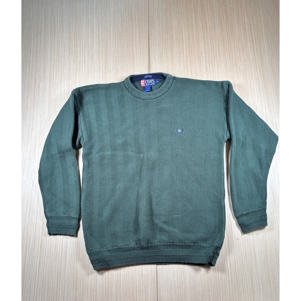 Vintage Chaps Ralph Lauren Hand Framed Sweater Mens Large Green Herringbone Knit